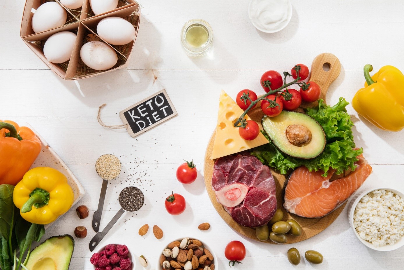 Produkty diety ketogenicznej: jajka, awokado, łosoś, mięso, orzechy i warzywa